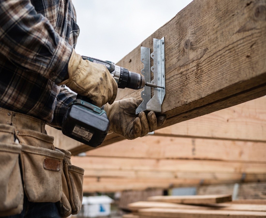 Carpenter fixing a joist hanger