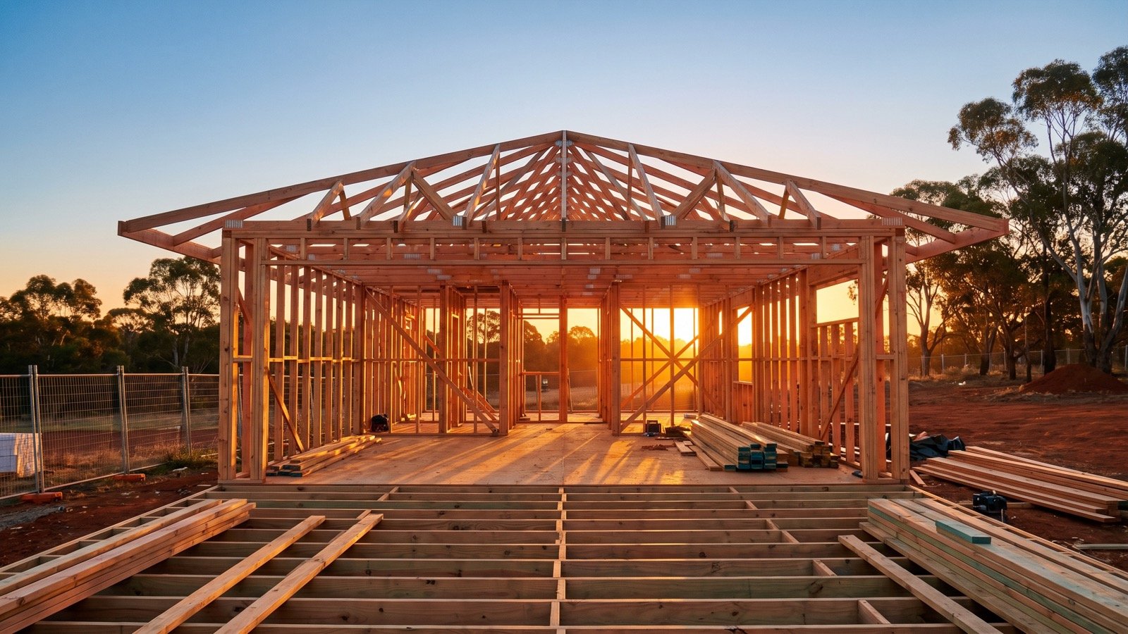 Timber house frame at sunset